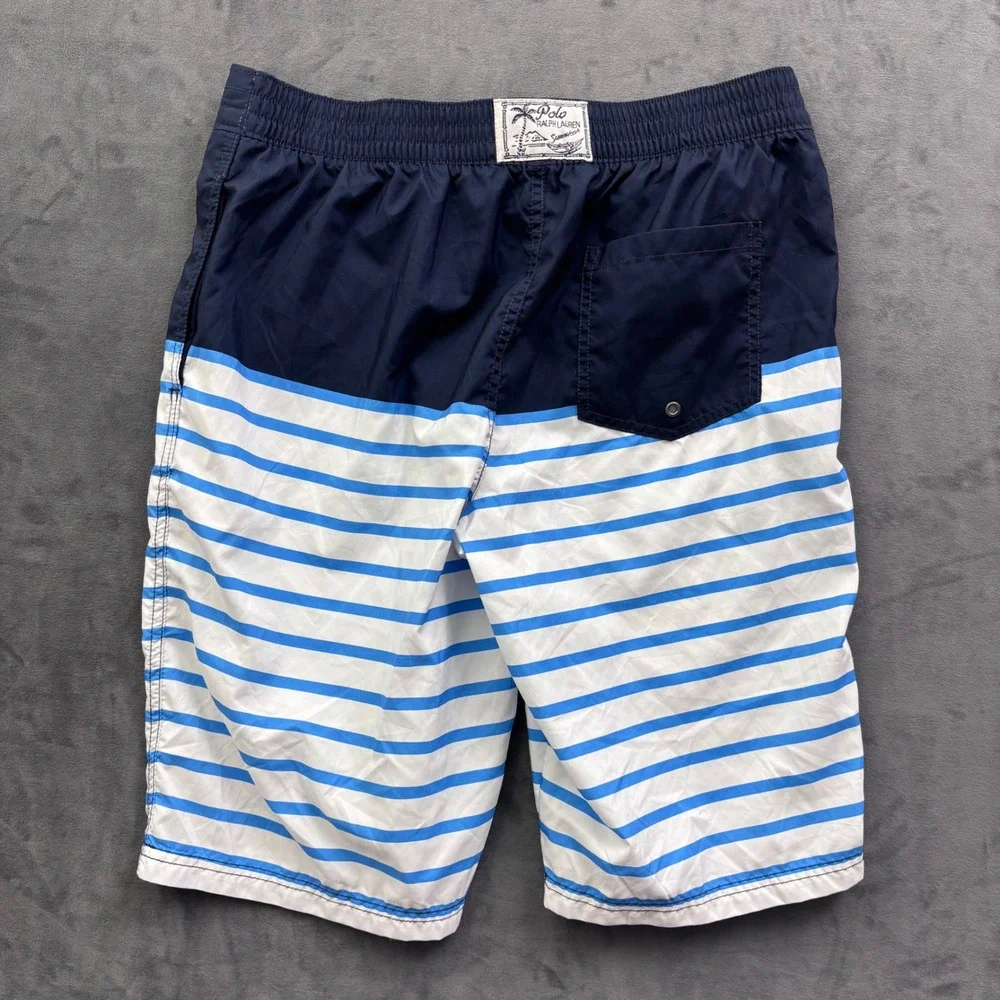 Polo Ralph Lauren Boys Swim Trunks XL 18-20 Navy Blue White Striped Shorts